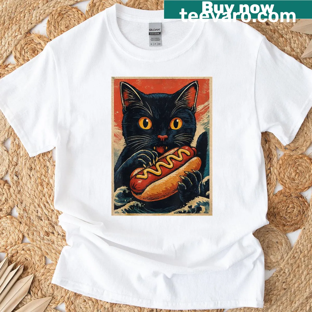 Retro T-shirt featuring a black cat eating a hot dog — on a men's t-shirt