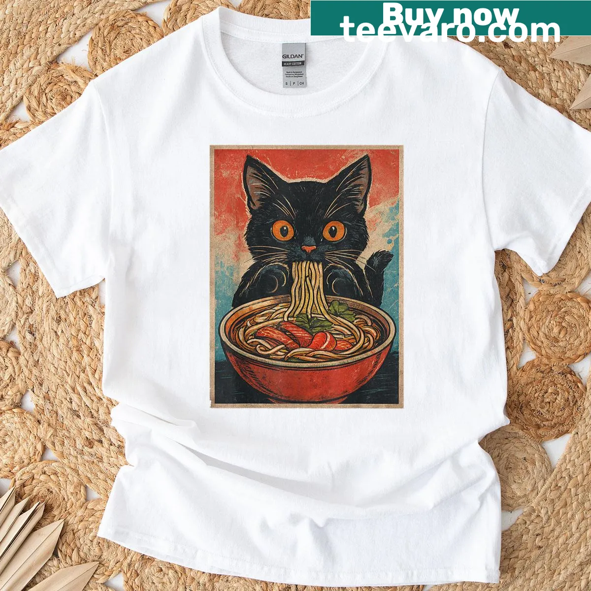 T-shirt depicting a black cat eating pho noodles — on a men's t-shirt