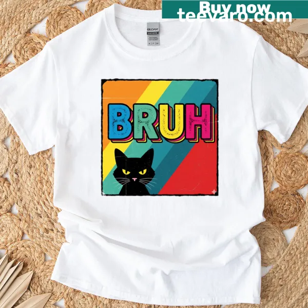 Meme T-shirt featuring a cat with the word 'Bruh' in a cartoon style