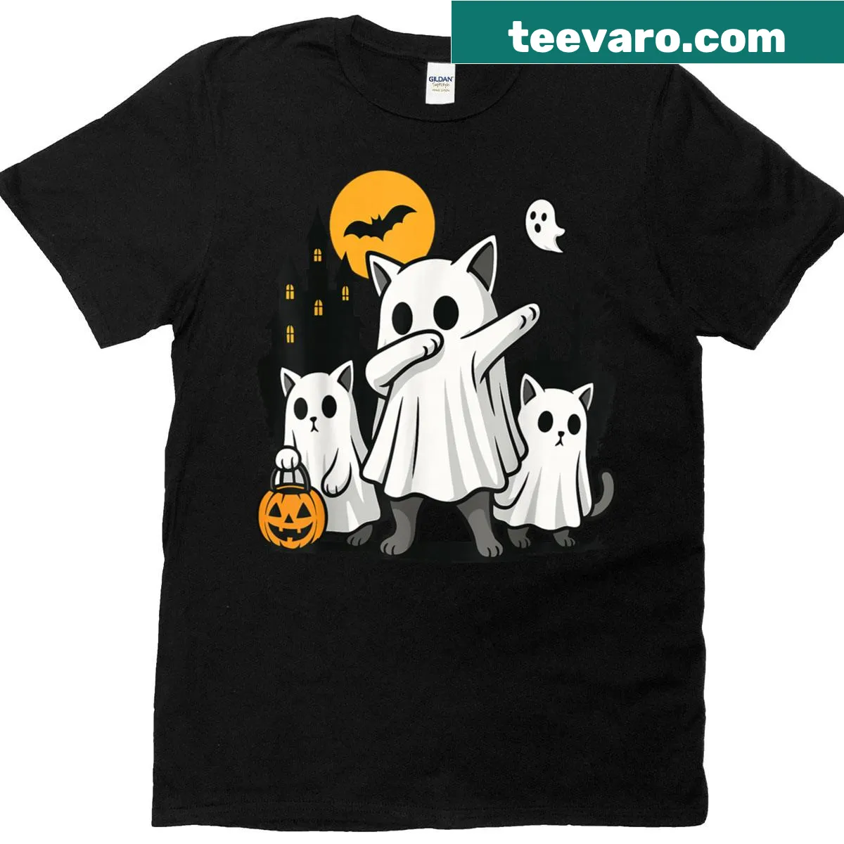 Cat-themed Halloween t-shirt featuring a spooky ghost and pumpkin — on a men's t-shirt