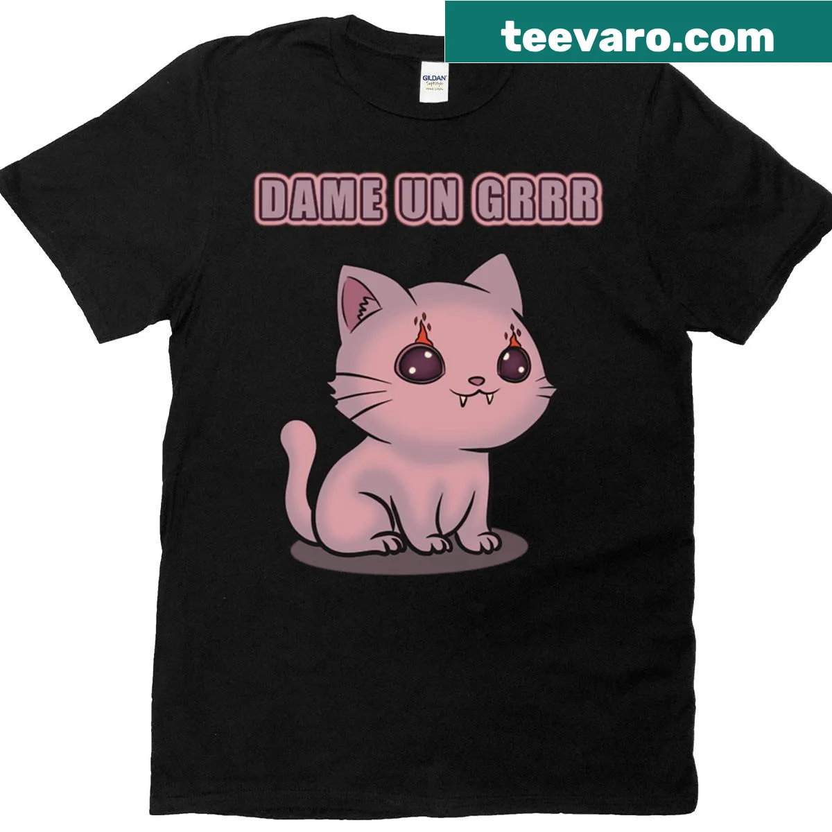 T-shirt featuring the 'Dame Un Grrr' cat meme design — on a men's t-shirt