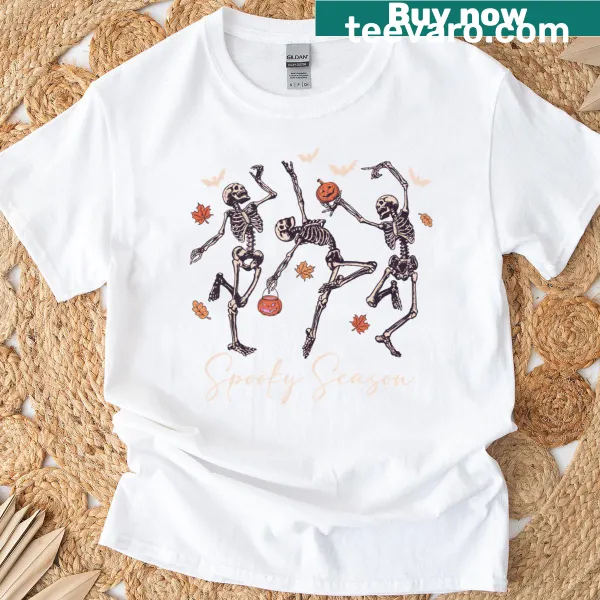 Dancing skeleton and pumpkin Halloween design on t-shirt