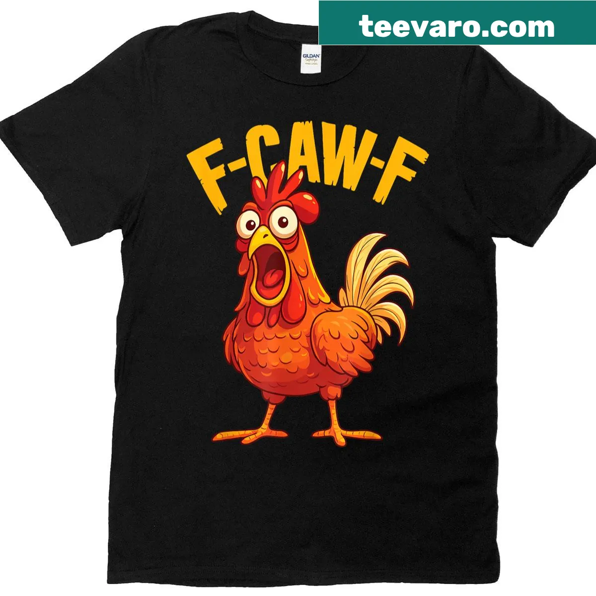 Funny chicken graphic t-shirt with whimsical text — on a men's t-shirt