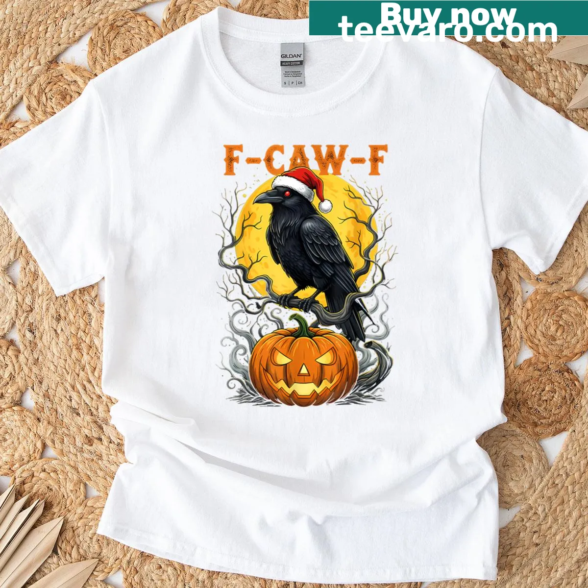Cartoon crow with pumpkin and moon for Halloween and Christmas — on a men's t-shirt