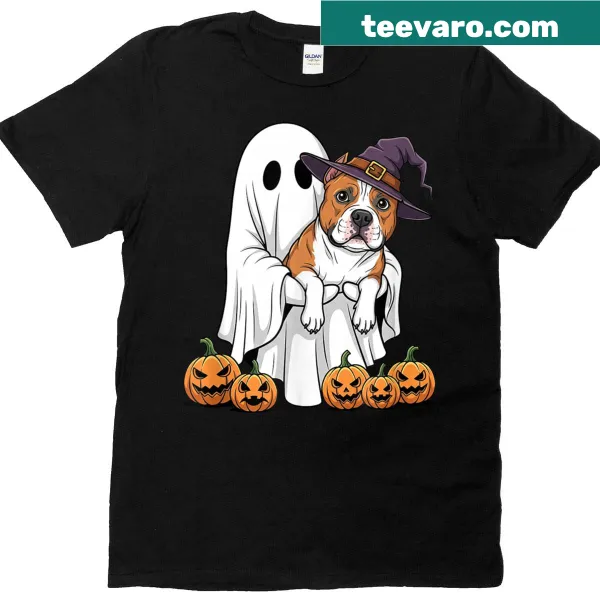 Staffordshire Terrier ghost next to a pumpkin for Halloween