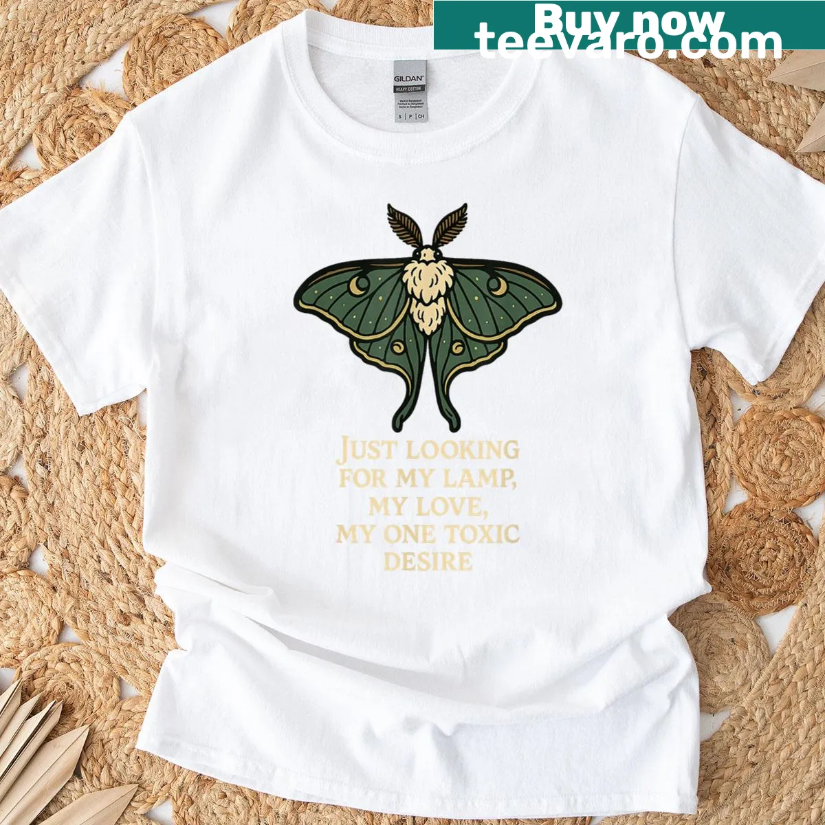 Gothic illustrated Luna moth and lamp design for Halloween — on a men's t-shirt