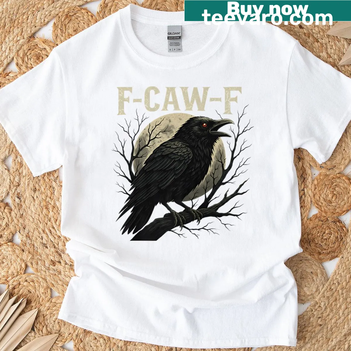 Gothic T-shirt featuring a raven and the phrase 'F-caw-f' under a full moon — on a men's t-shirt