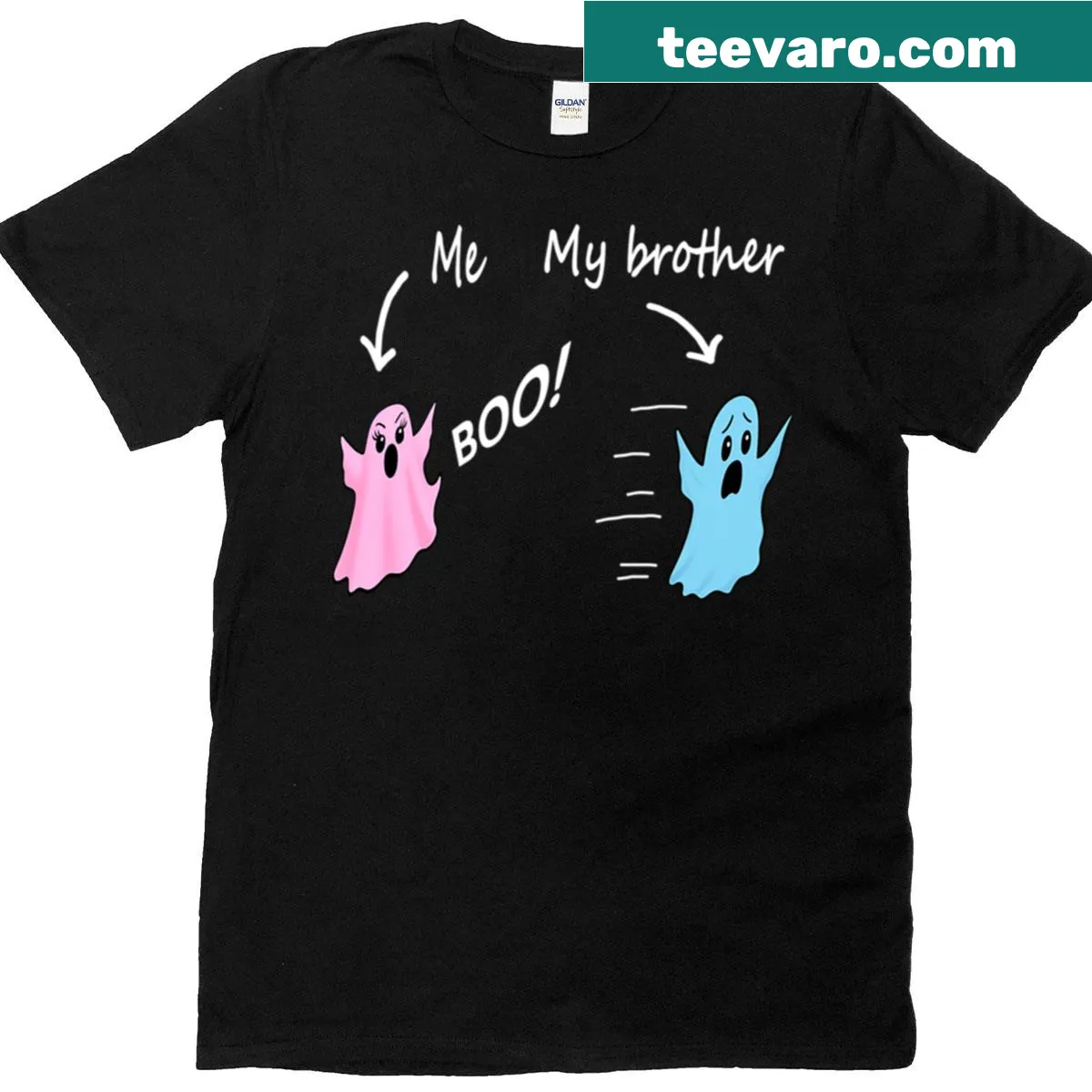 Humorous Halloween ghosts design for siblings — on a men's t-shirt