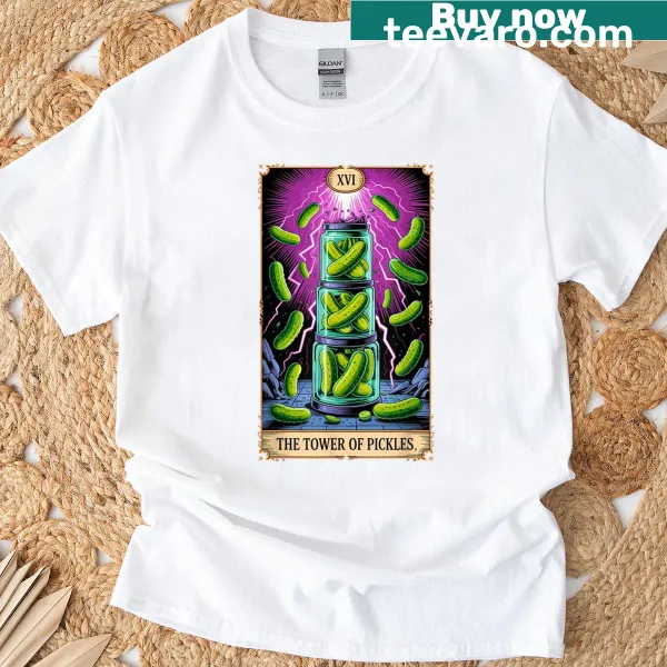 Cartoon pickle designed as a tarot card on a Halloween T-shirt.