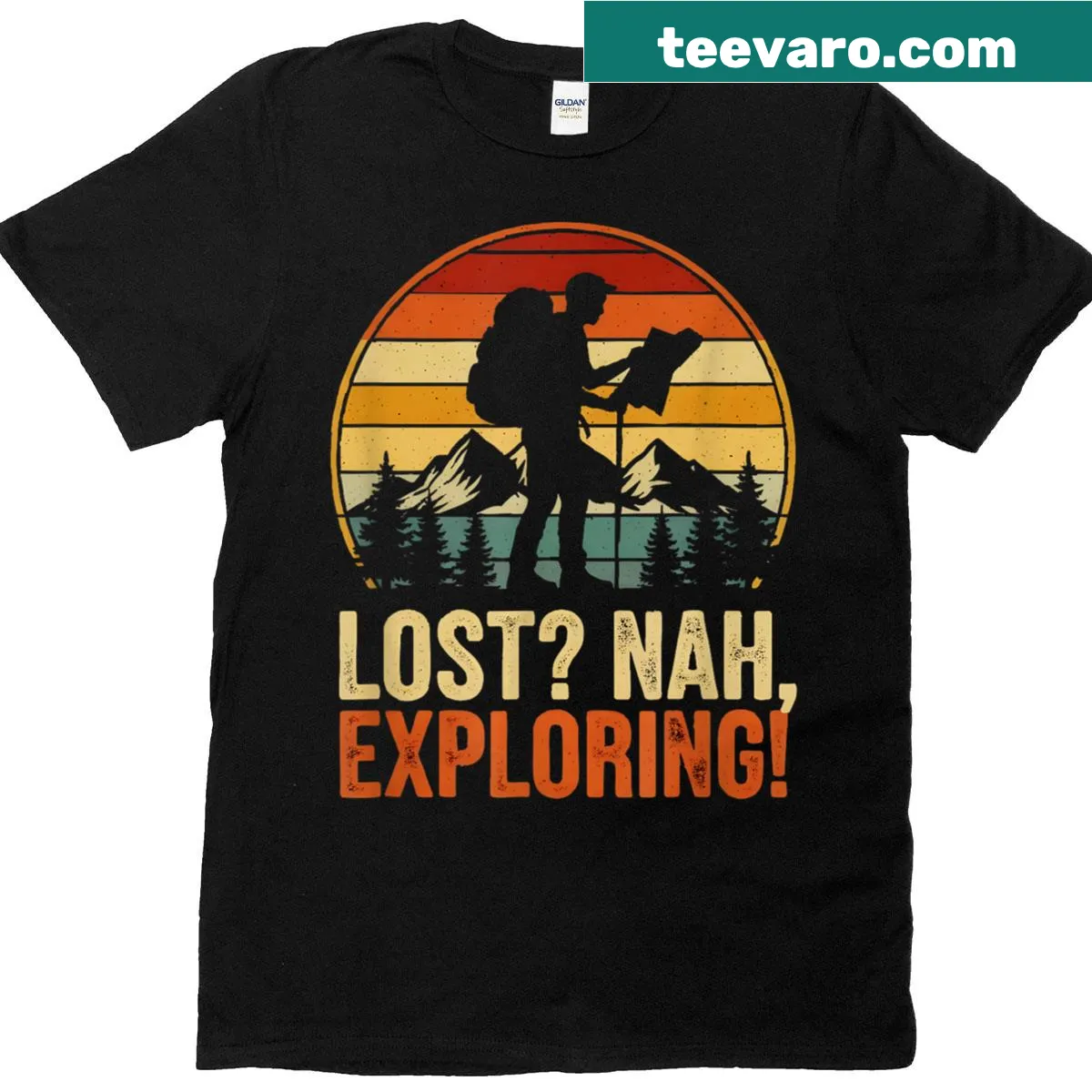 Retro hiking-themed t-shirt featuring mountains and humorous text. — on a men's t-shirt
