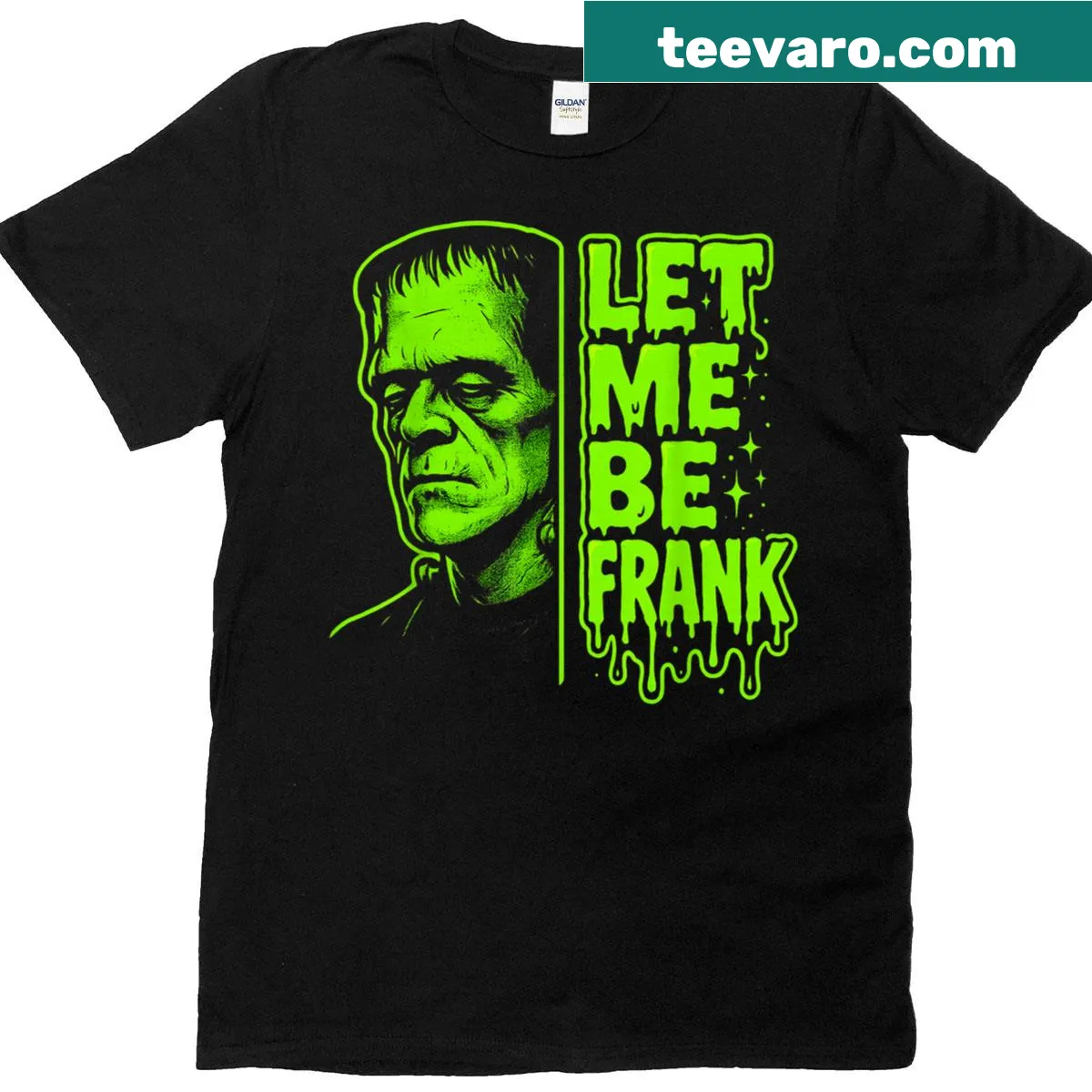 Whimsical Frankenstein t-shirt with the phrase 'Let Me Be Frank' for Halloween. — on a men's t-shirt