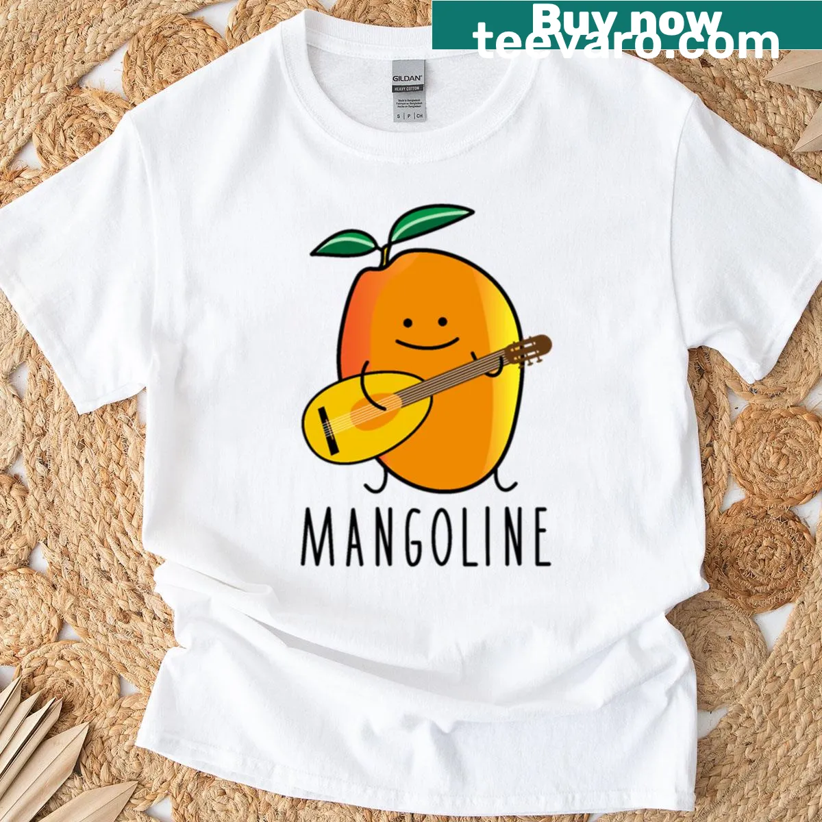 T-shirt featuring a funny mango and mandolin illustration — on a men's t-shirt