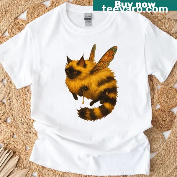Humorous shirt featuring a cat with bee wings and a funny expression