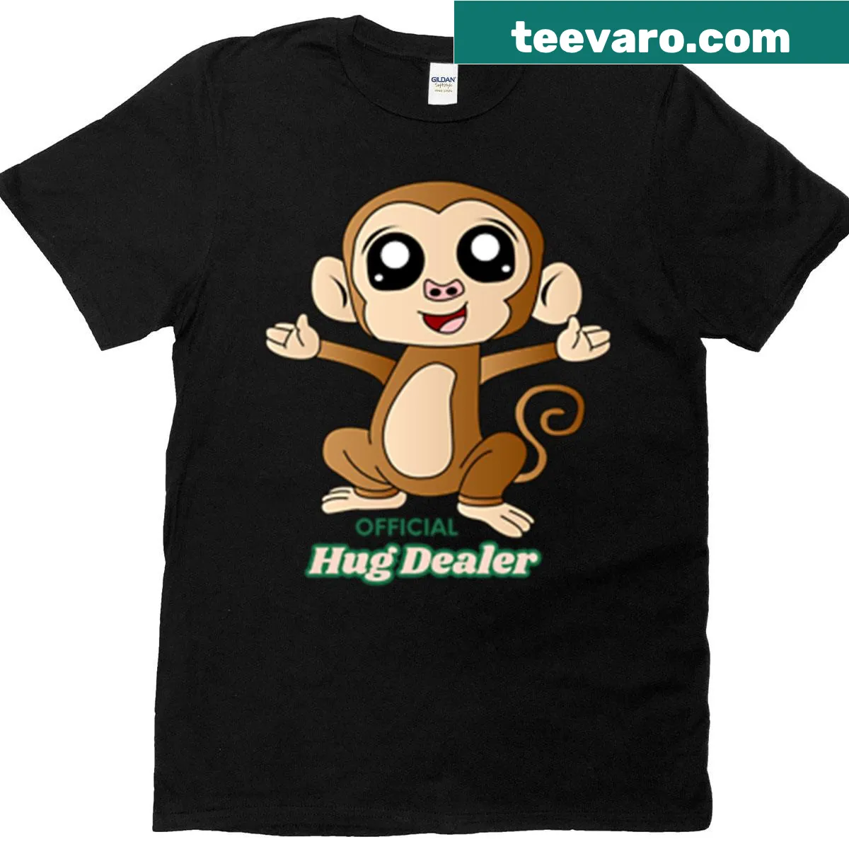 Cute monkey graphic with text 'Official Hug Dealer' on a t-shirt — on a men's t-shirt