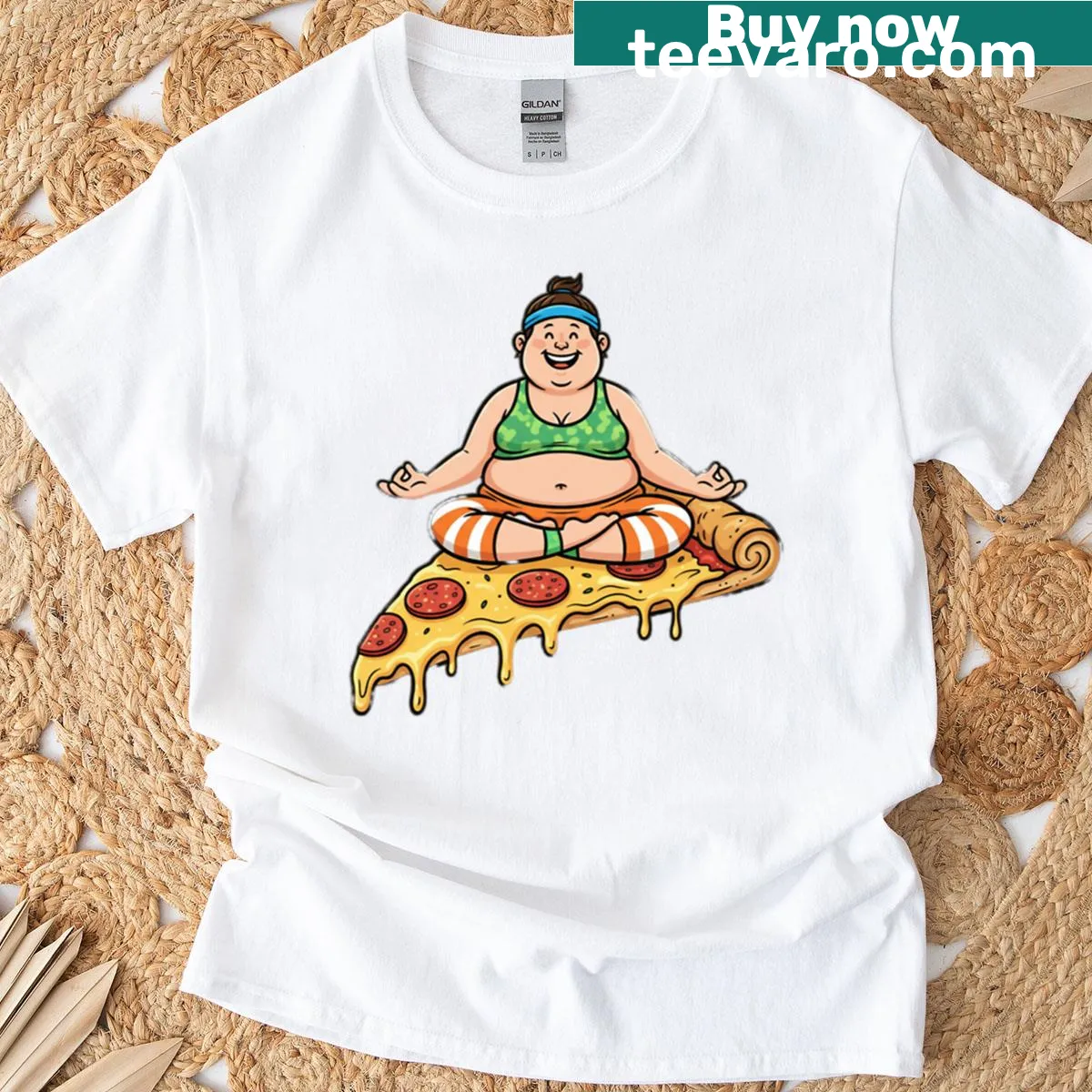 Funny T-shirt with pizza in a yoga pose design — on a men's t-shirt