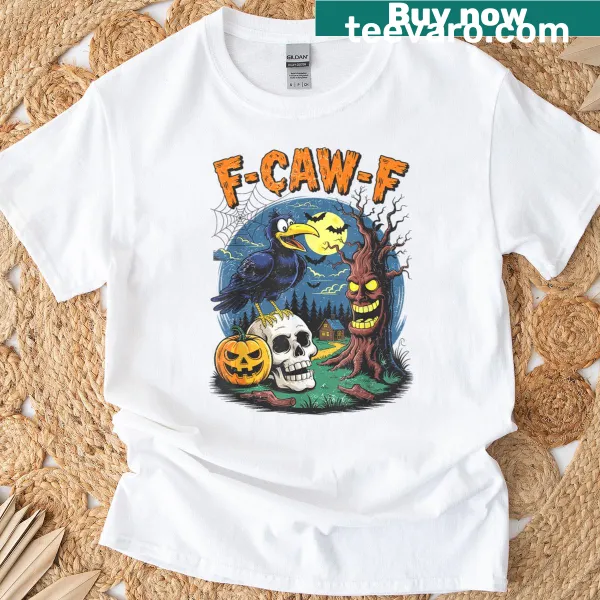 Funny raven graphic with 'F-caw-f' text for Halloween t-shirt