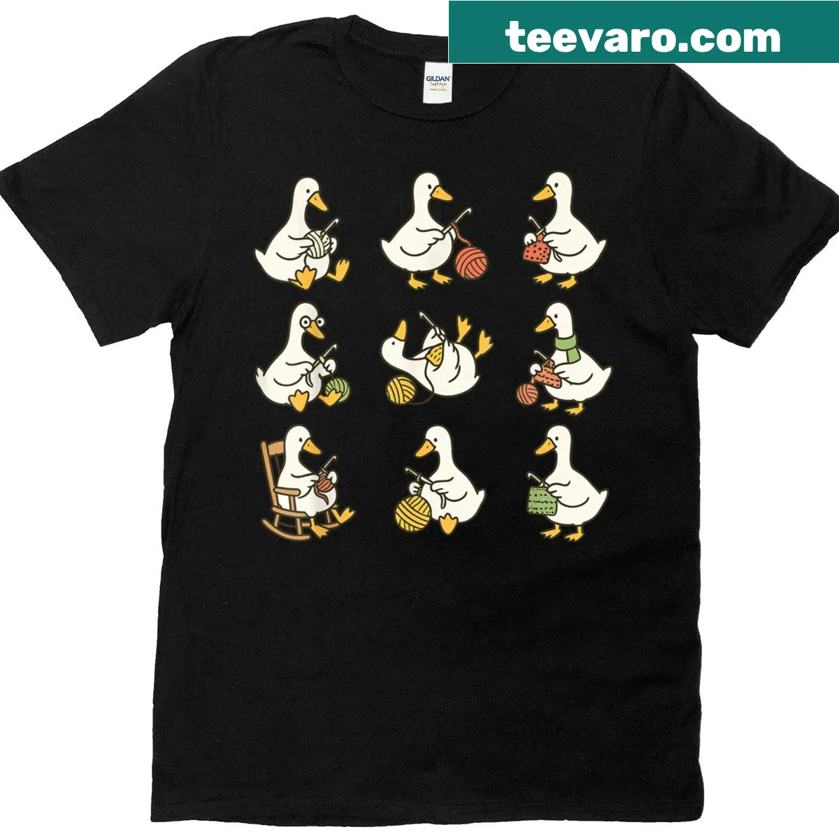 Cartoon of a silly goose with crochet-themed text — on a men's t-shirt
