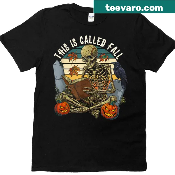 Halloween T-shirt with a skeleton reading and pumpkin illustrations