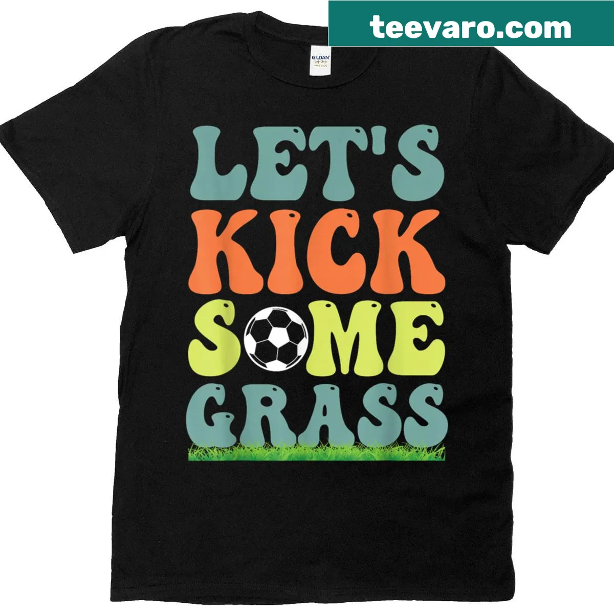 Funny soccer t-shirt with playful text about kicking grass — on a men's t-shirt