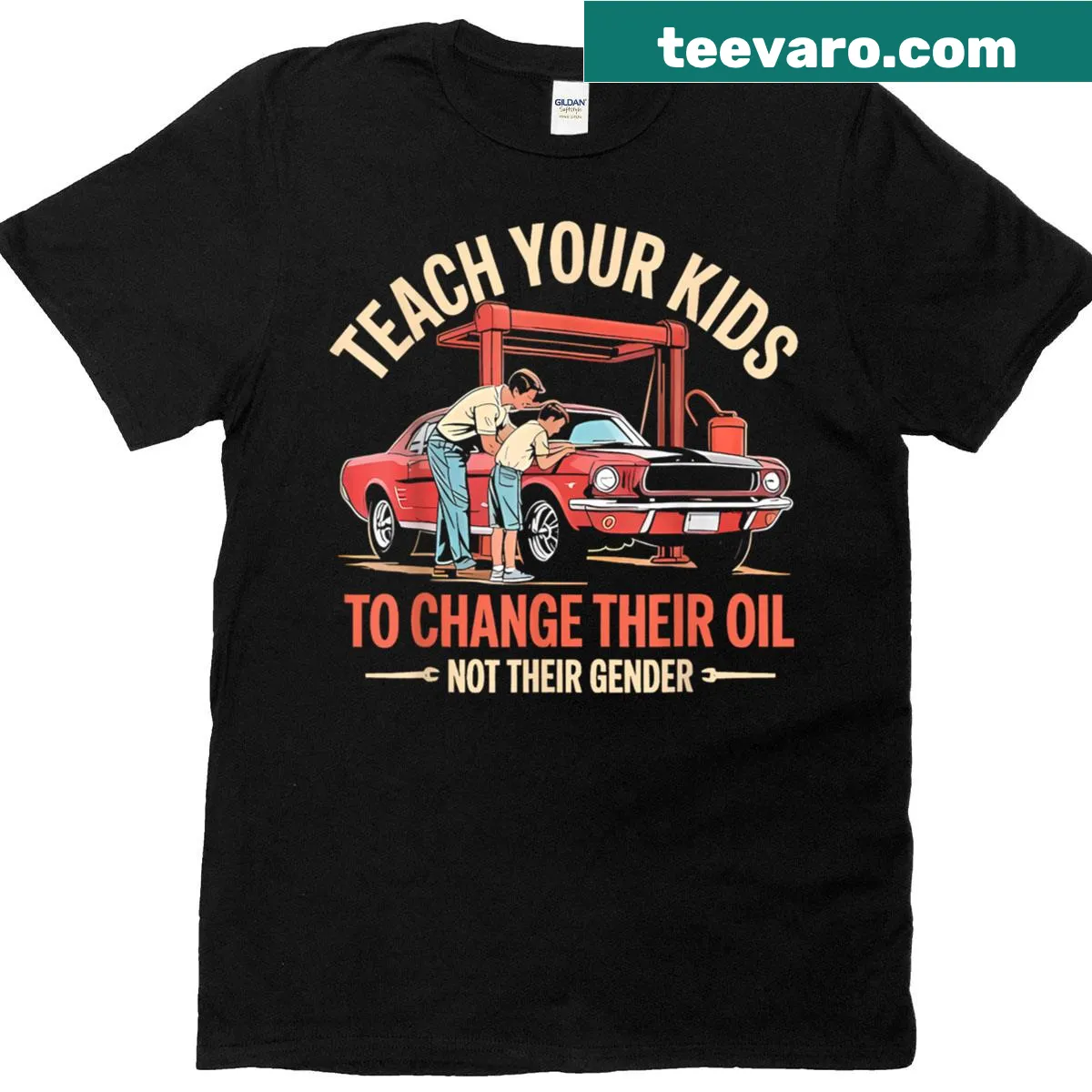 Funny t-shirt promoting teaching practical skills to kids — on a men's t-shirt