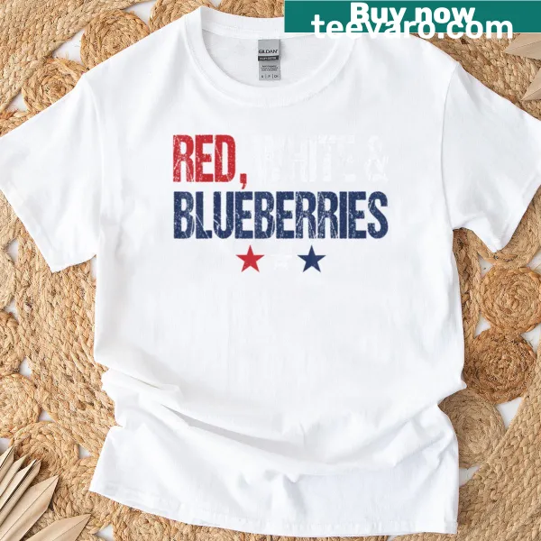 Vintage-style patriotic T-shirt with blueberries and red-white stripes