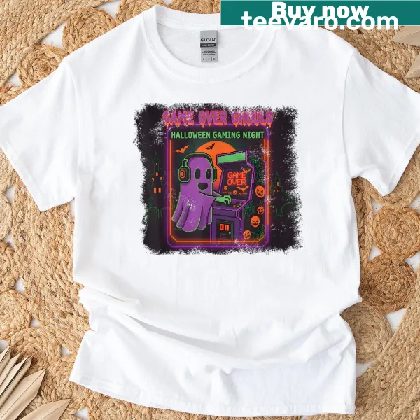 Retro Halloween gaming graphic T-shirt with Game Over Ghouls text