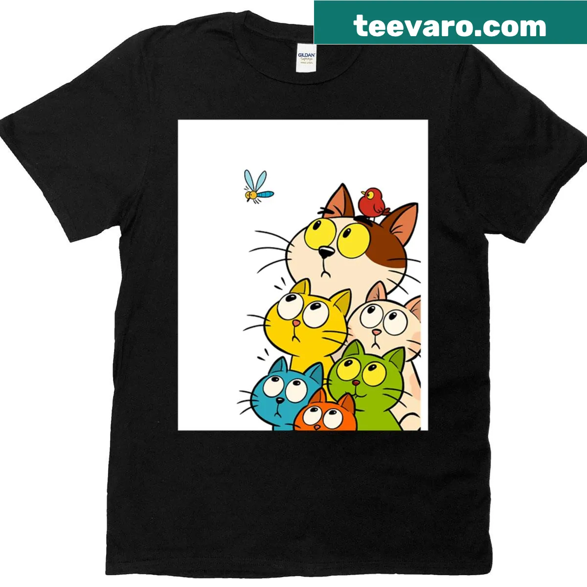 Graphic T-shirt featuring a whimsical illustration of stray cats — on a men's t-shirt
