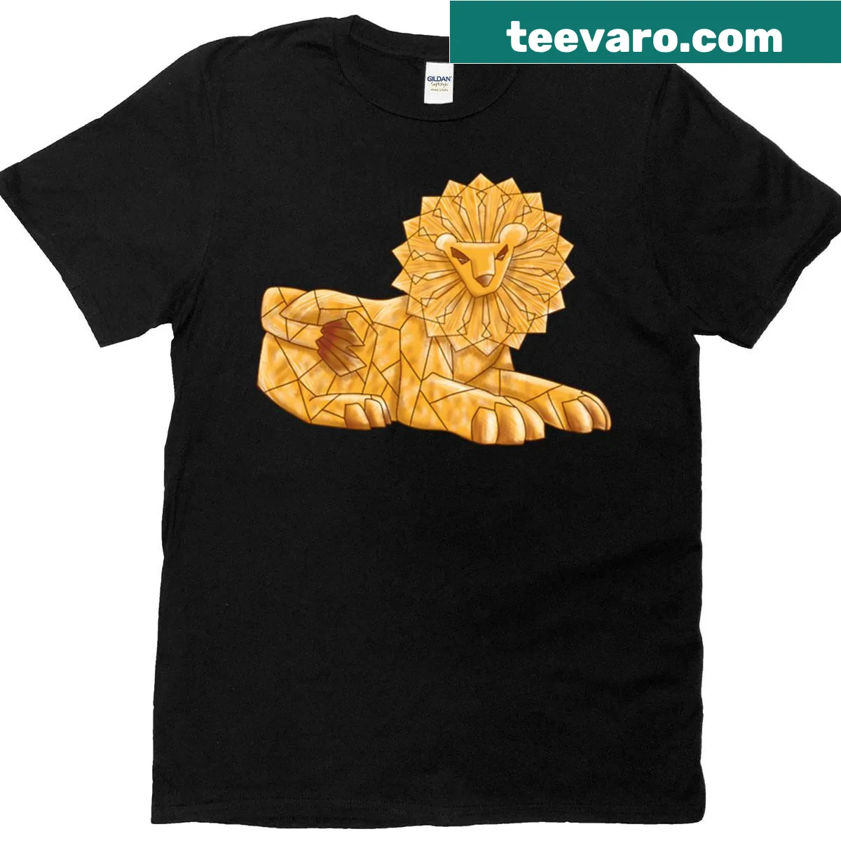Geometric illustration of a lion in golden tones on a T-shirt — on a men's t-shirt