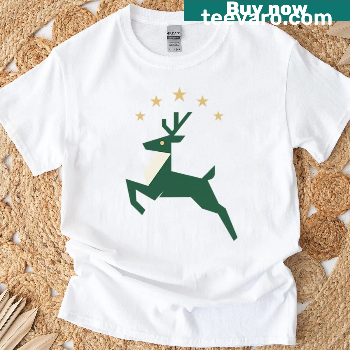 Geometric design of a leaping reindeer on a T-shirt — on a men's t-shirt