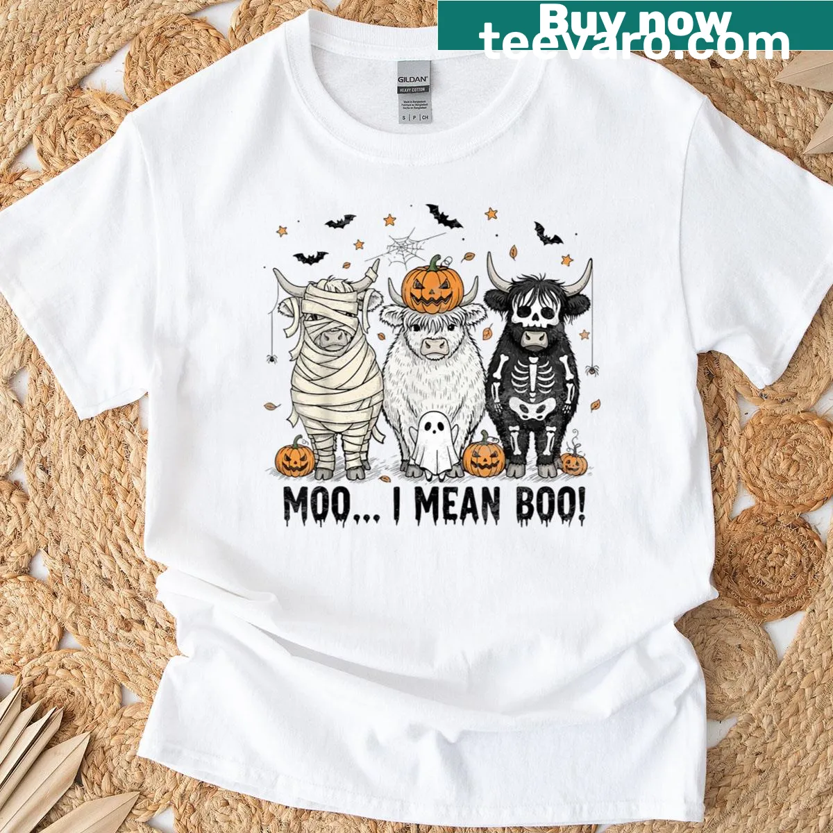 Funny Halloween t-shirt with a ghost cow saying 'Moo, I mean Boo!' — on a men's t-shirt