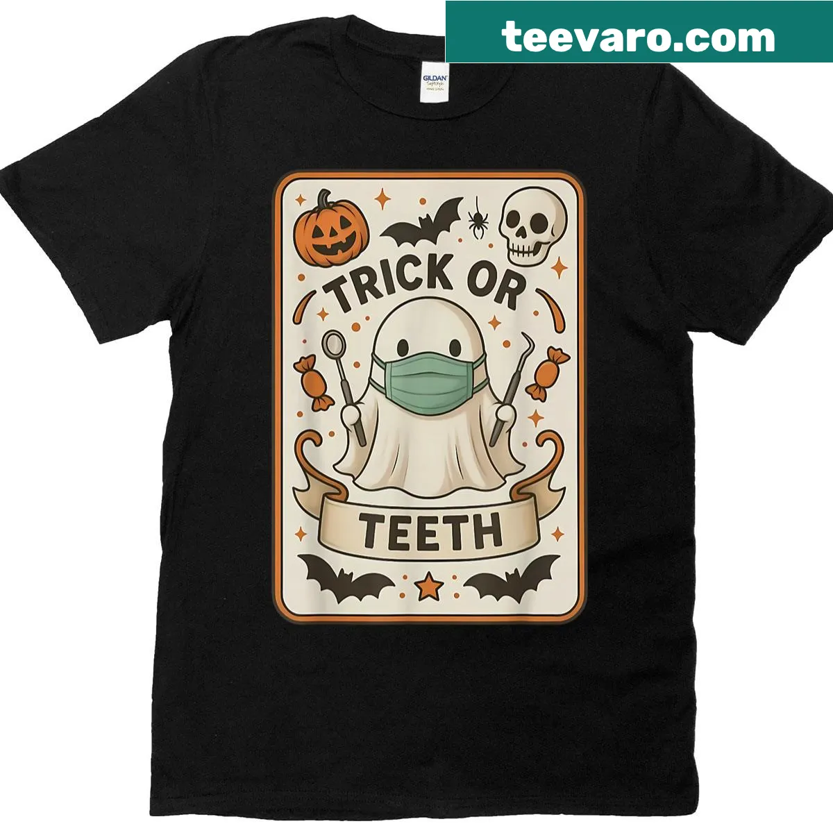 Halloween-themed T-shirt featuring ghost and dental tarot card graphics — on a men's t-shirt