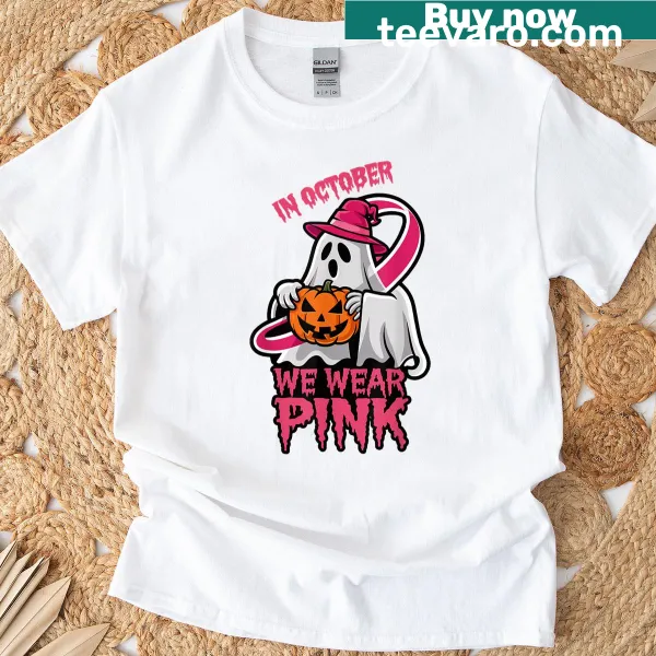 Pink-themed Ghost Witch t-shirt for breast cancer awareness