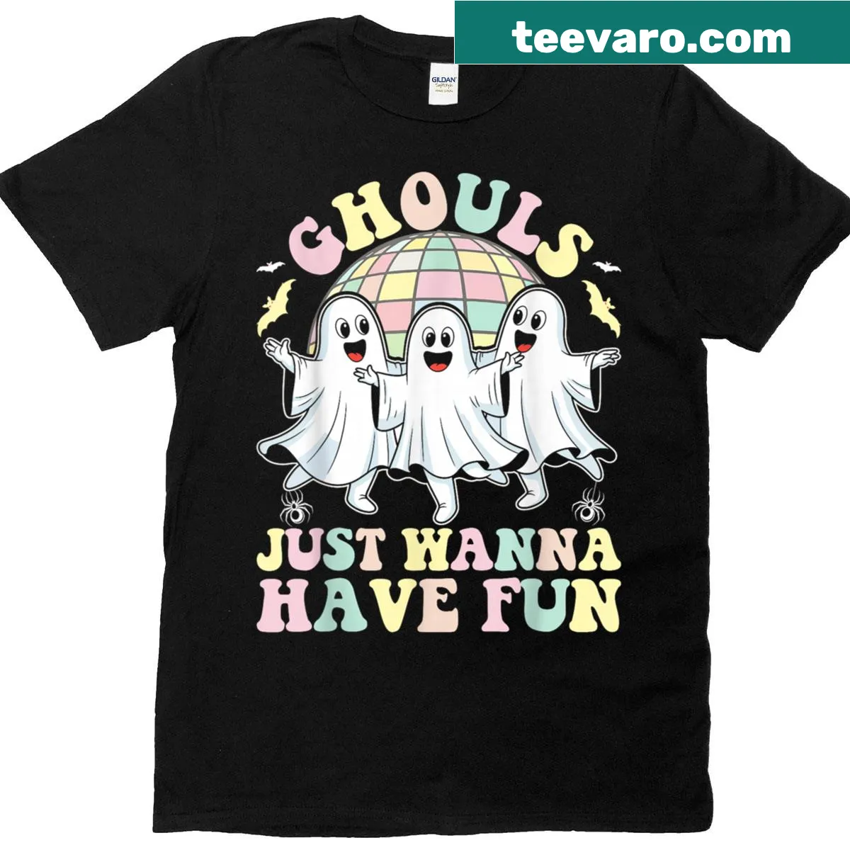 Halloween t-shirt with humorous text about ghouls having fun — on a men's t-shirt