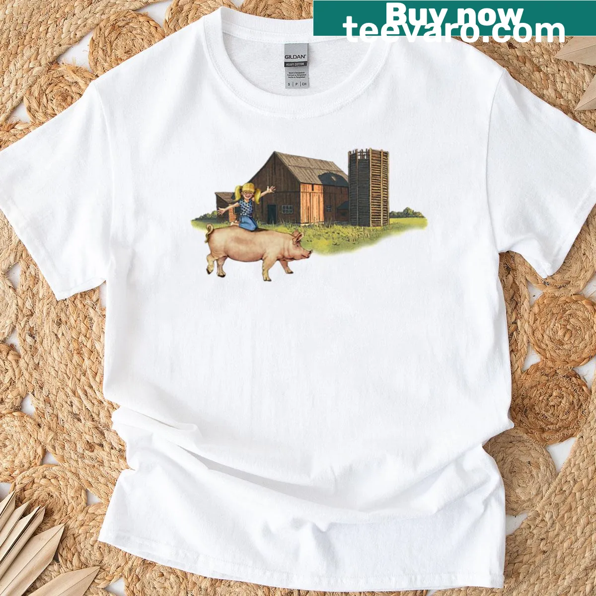 Illustration of a girl riding a hog with barn scenery on a T-shirt — on a men's t-shirt