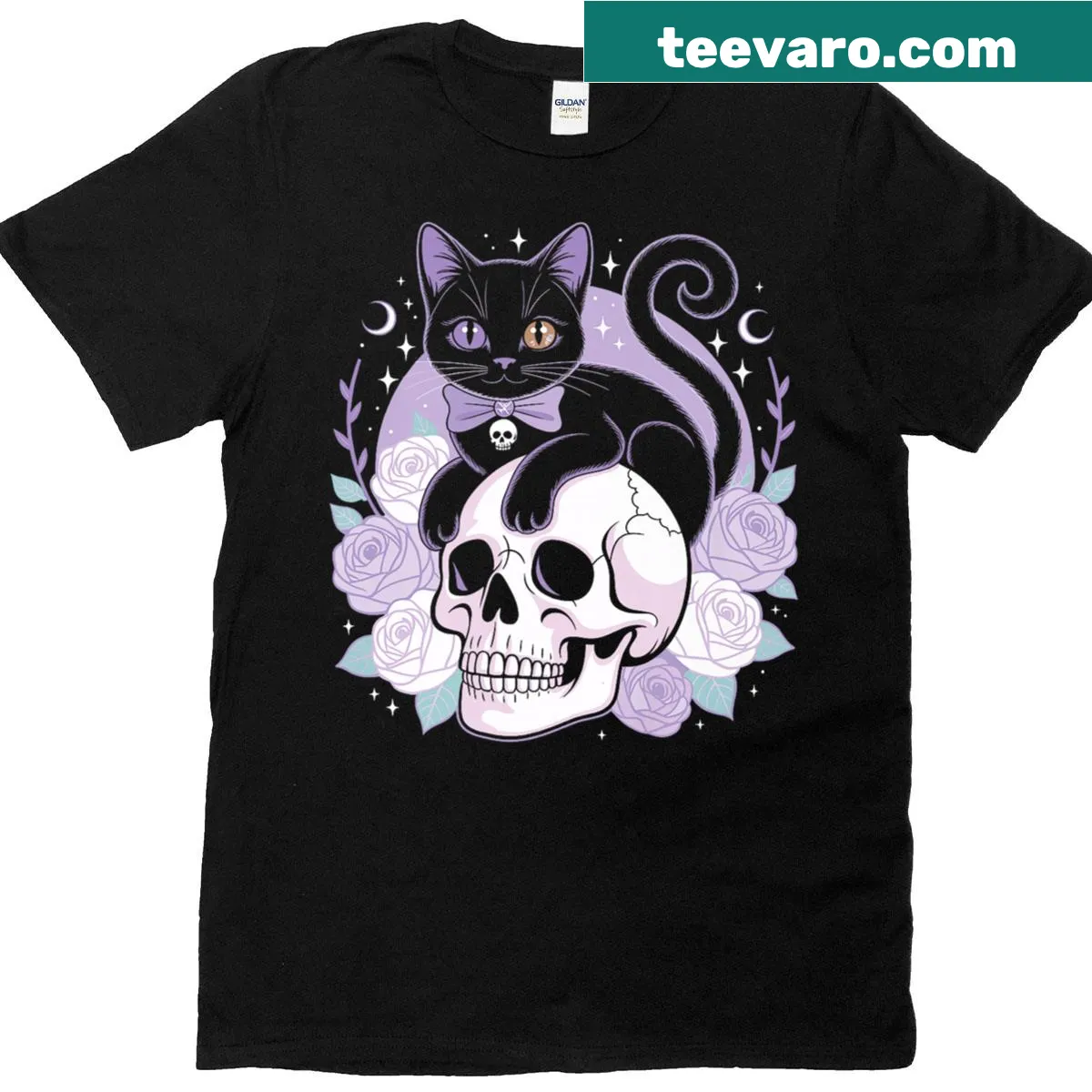 Gothic black cat with skull, roses, moon, and stars illustration on t-shirt — on a men's t-shirt