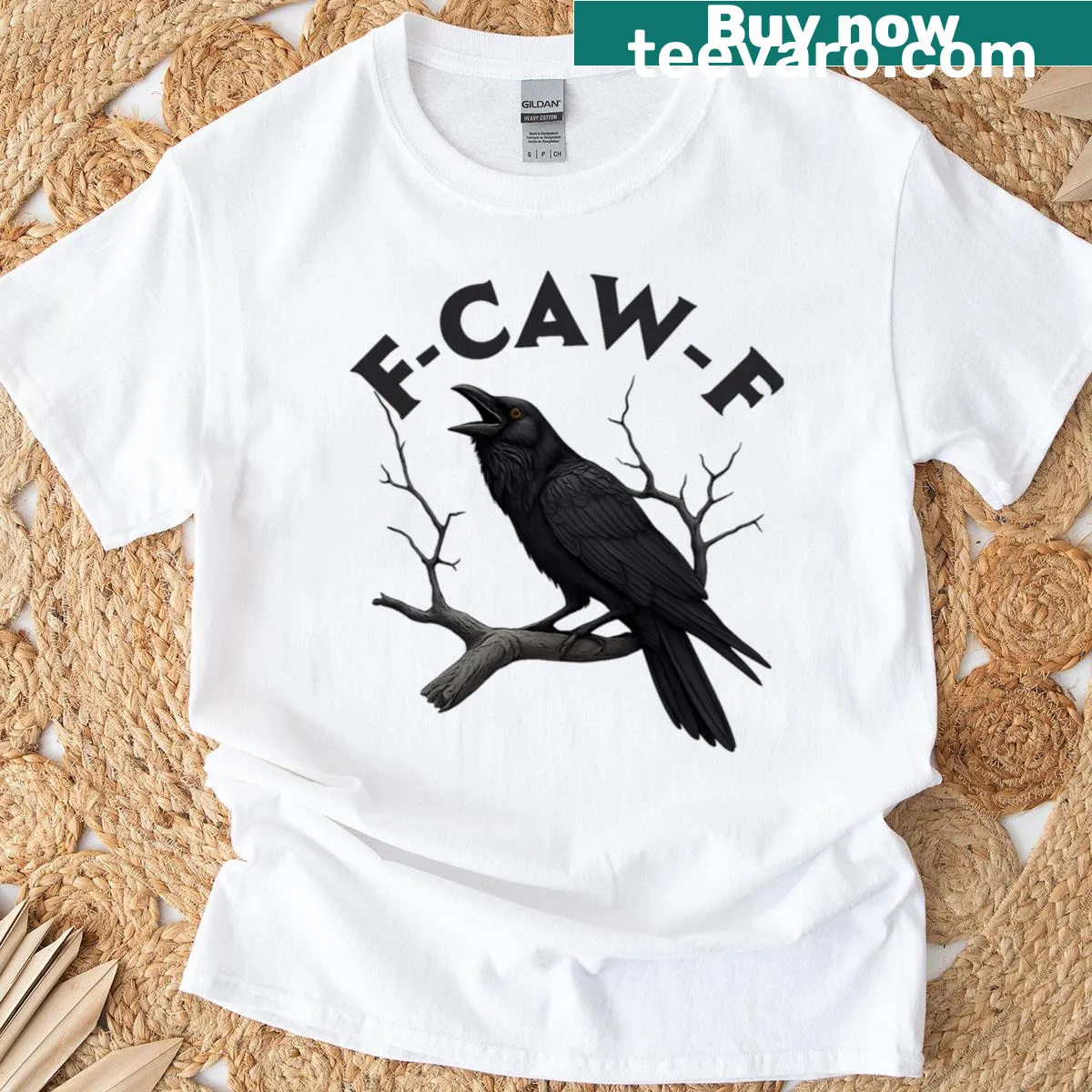 Gothic crow t-shirt with humorous 'F-caw-f' text — on a men's t-shirt