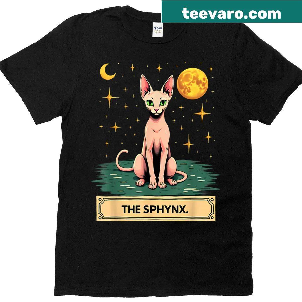 Gothic Sphynx cat tarot card graphic for Halloween — on a men's t-shirt