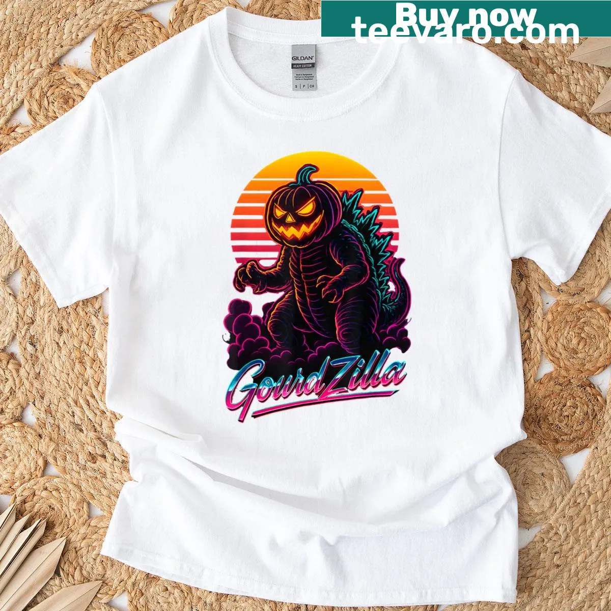 Scary jack-o'-lantern monster design for Halloween-themed t-shirt — on a men's t-shirt