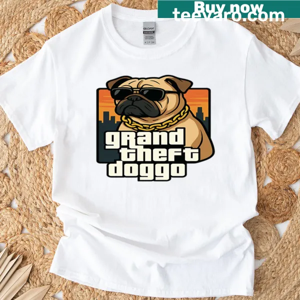 Playful 'Grand Theft Doggo' t-shirt design for dog lovers