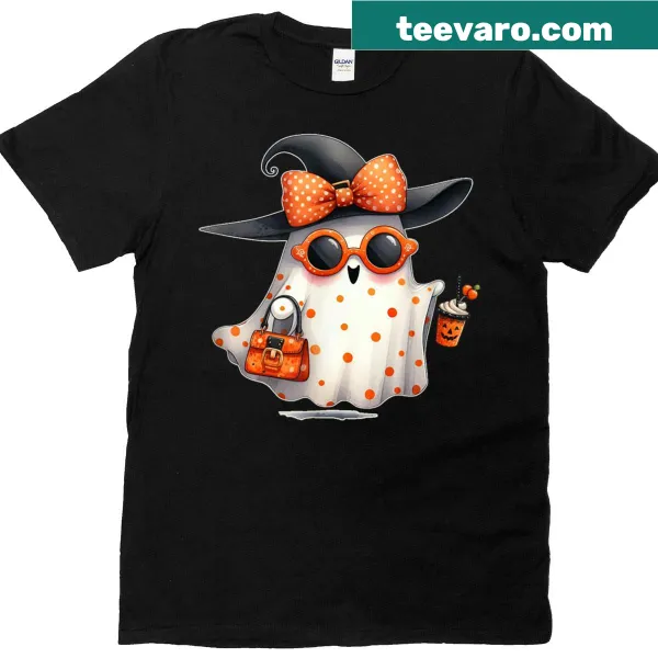 Cute Halloween ghost t-shirt with a bow and latte design