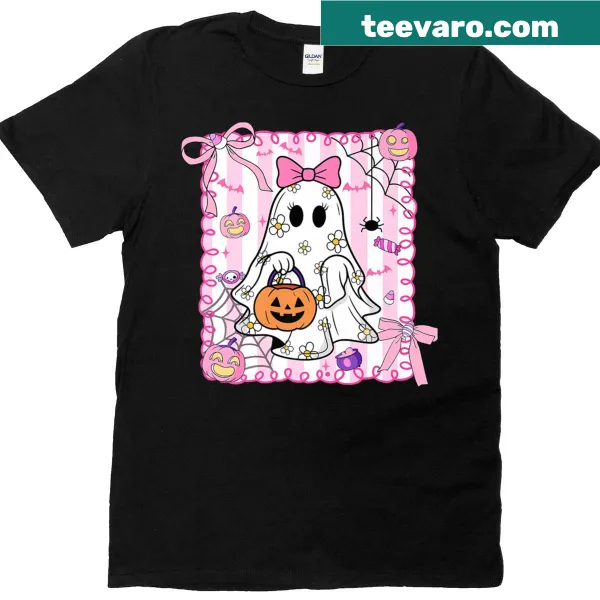 Charming ghost graphic with bow and pumpkin bucket Halloween t-shirt