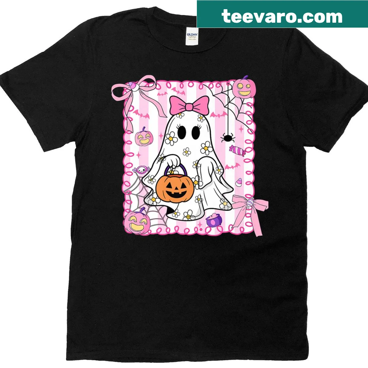 Charming ghost graphic with bow and pumpkin bucket Halloween t-shirt — on a men's t-shirt