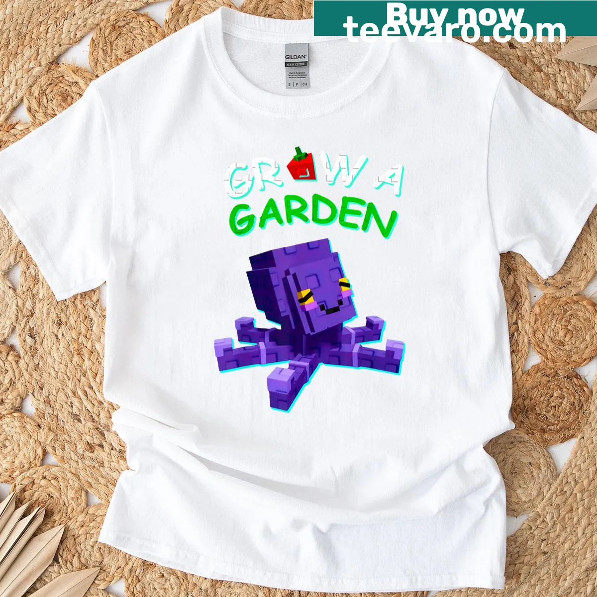 Whimsical design of a mimic octopus in a garden setting for gamers — on a men's t-shirt