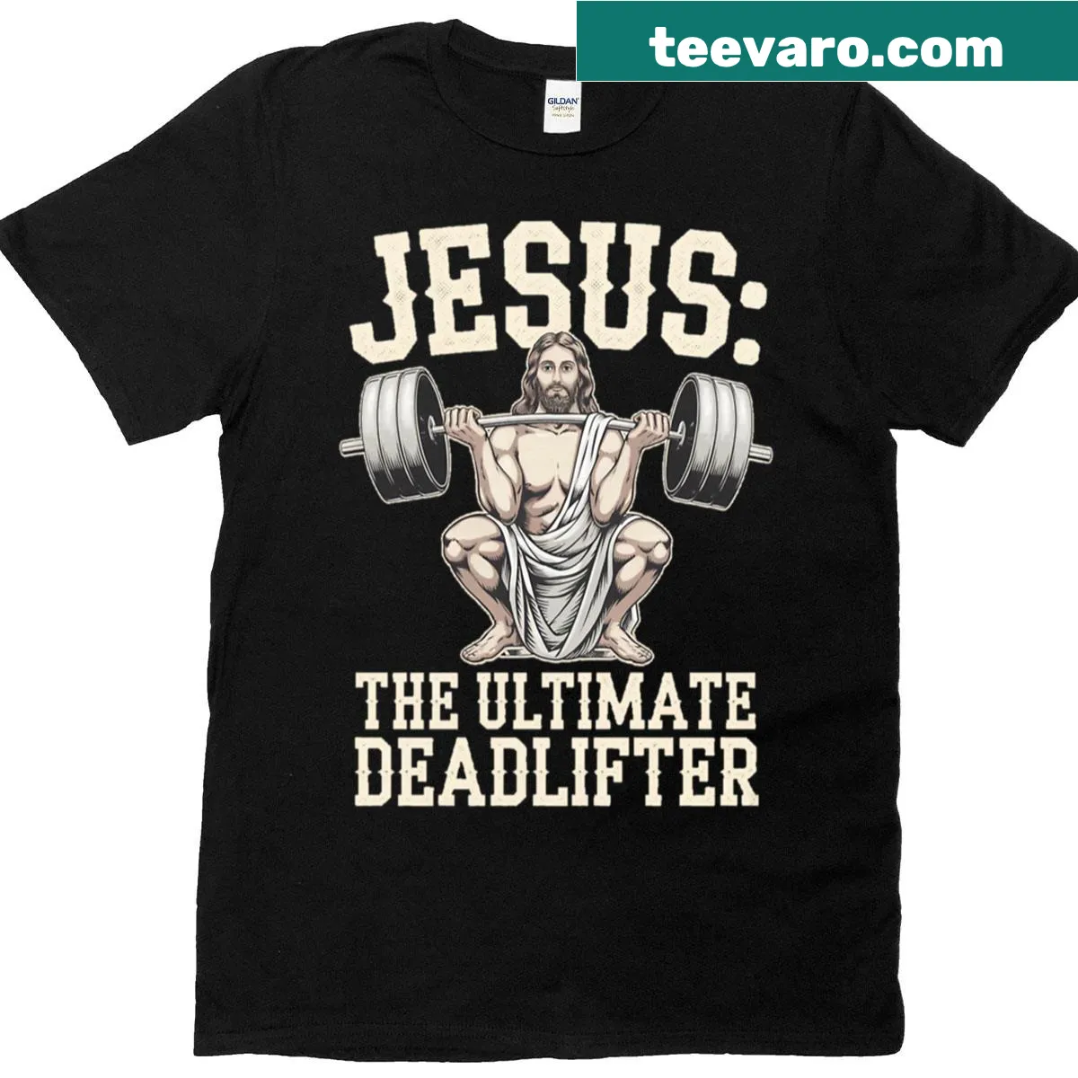 Oversized t-shirt featuring a humorous Jesus gym meme — on a men's t-shirt