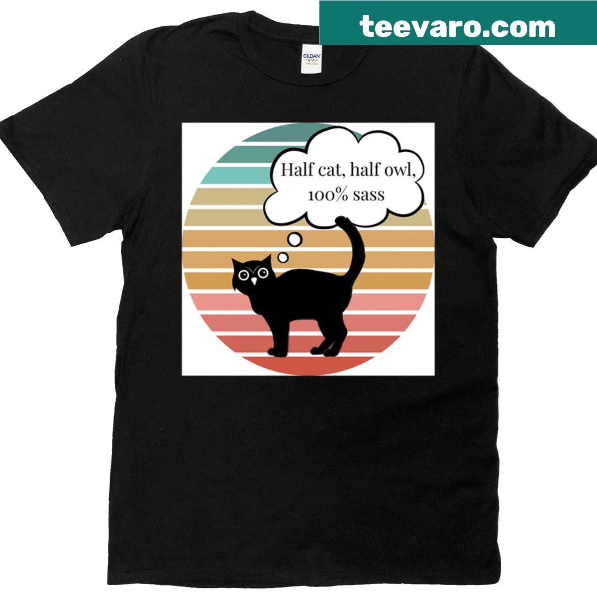 Retro t-shirt with a half cat, half owl design and playful text — on a men's t-shirt