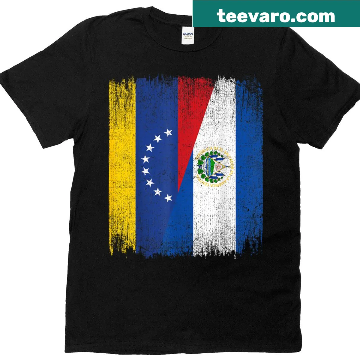 Graphic combining half Venezuela and half El Salvador flag — on a men's t-shirt