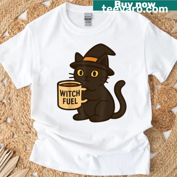 Cat drinking pumpkin spice latte illustration on T-shirt