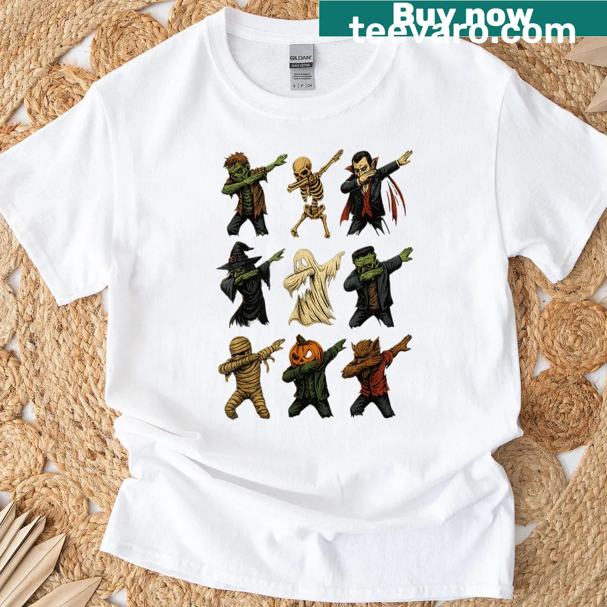 Halloween-themed t-shirt with dancing skeleton, zombie, mummy, and pumpkin — on a men's t-shirt