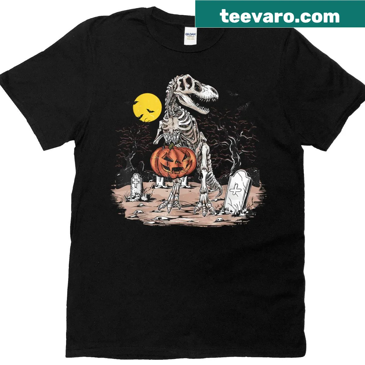 Toddler Halloween shirt with dinosaur skeleton and pumpkin graphic. — on a men's t-shirt