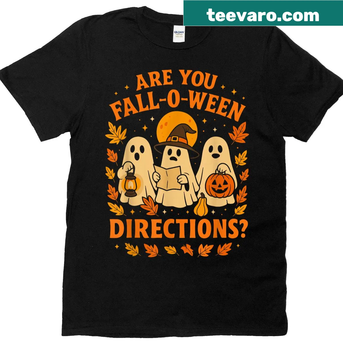 T-shirt with ghost design and 'Fall O Ween Directions' text — on a men's t-shirt